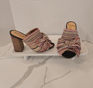 Sam Edelman Bow Tie Open Toe Chunky Heel Mules Sandals Striped Womens Size 7.5